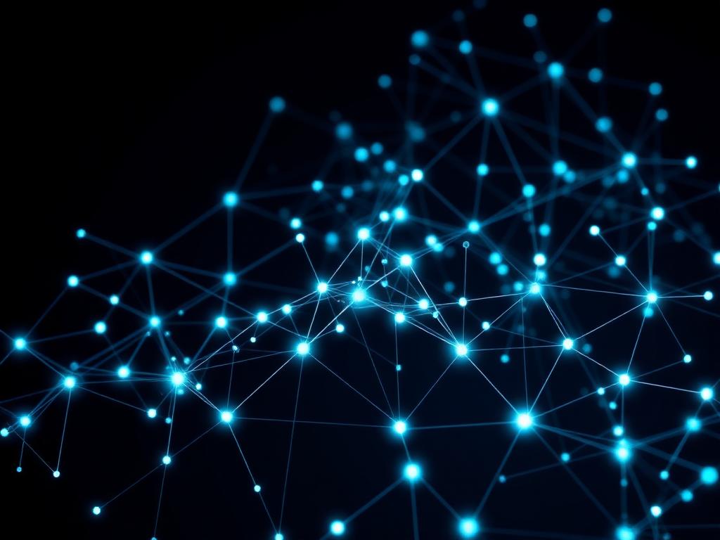 Visualización abstracta de red neuronal con nodos cian