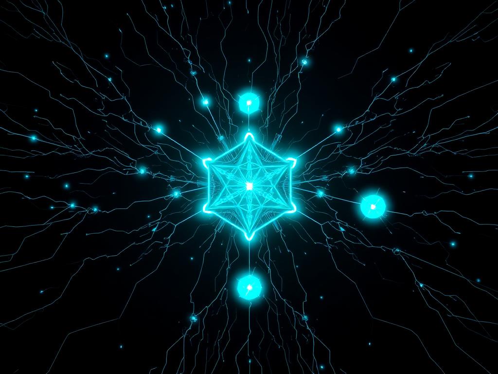Tres nodos hexagonales cian conectados por líneas de energía