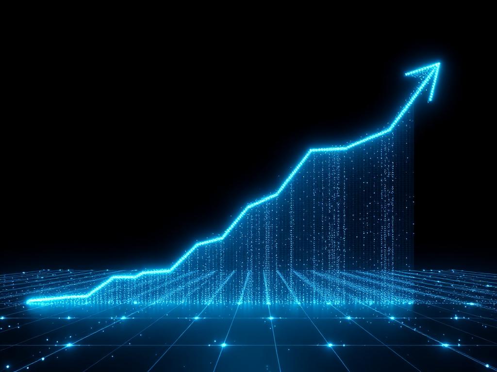Curva de crecimiento financiero hecha de partículas cian